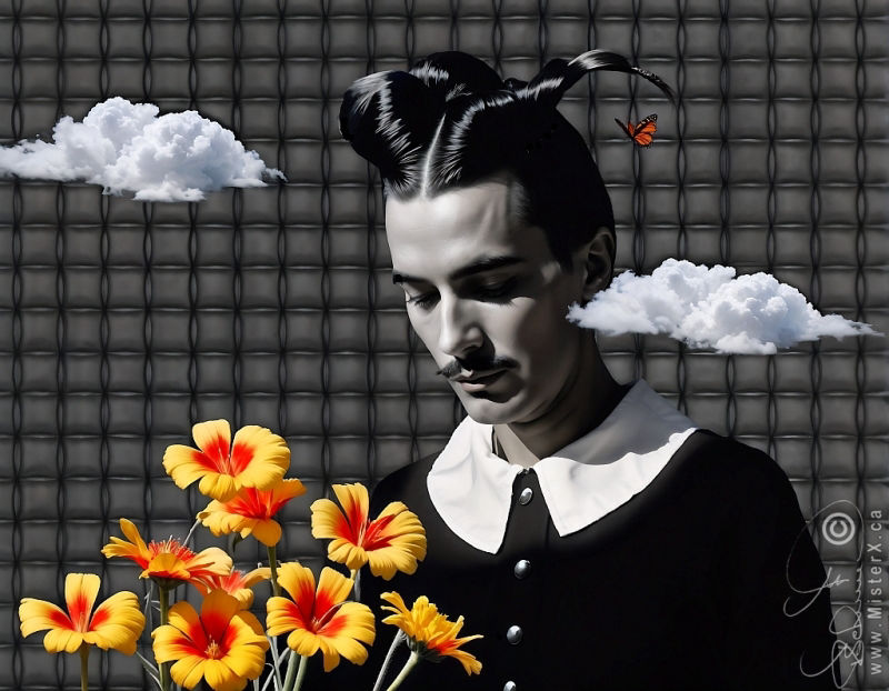 Bright orange and yellow flowers are seen in the foreground of an otherwise colorless picture. A man with a mustache and strange hairdo and clothing is seen beside the flowers, looking down at them. 2 clouds and a butterfly are seen in the sky, which is made from tiling square patterns.