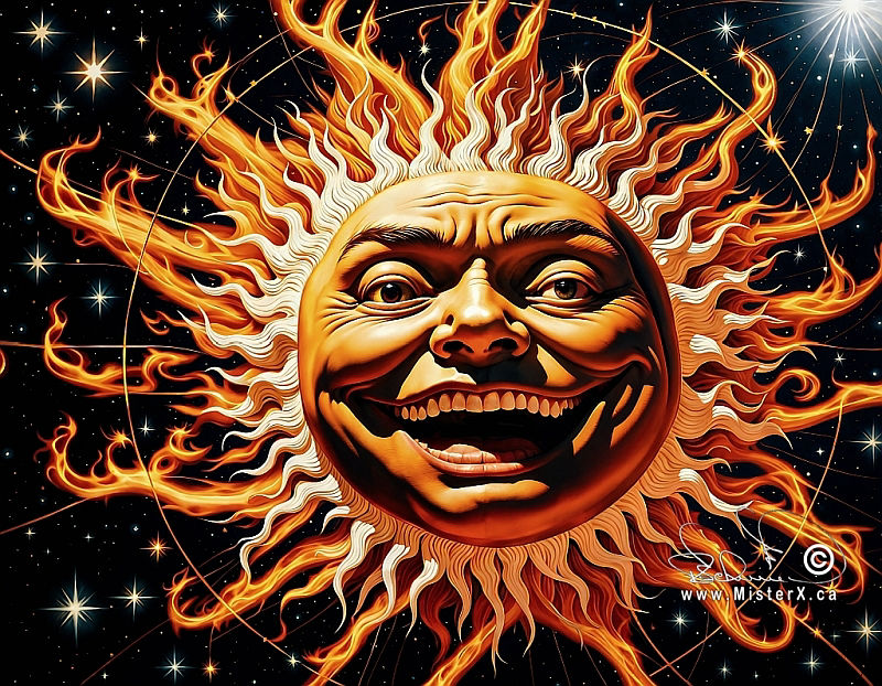 A stylized sun with human face is seen in space with stars behind it and flames encircling it.