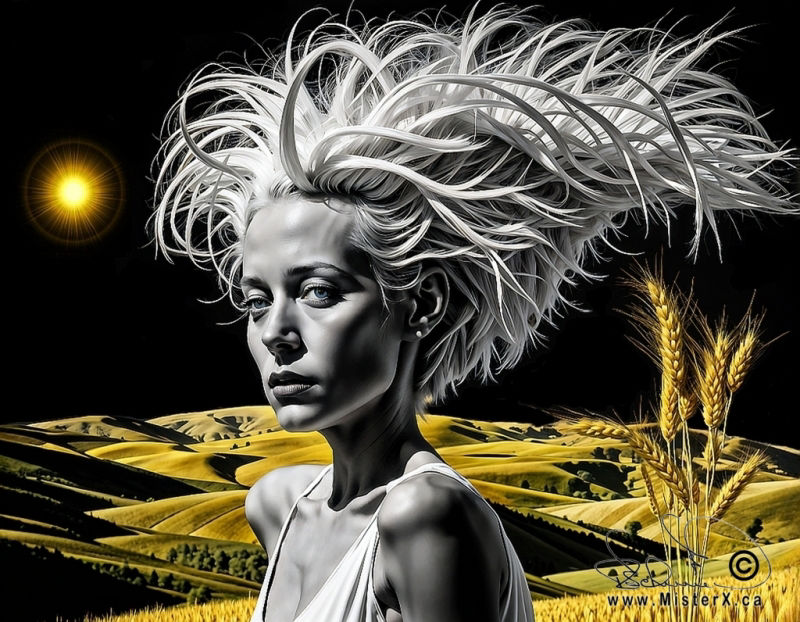 A black and white woman with fantstically wind blown hairdo is seen against a background with golden hills and black background with sun shining.