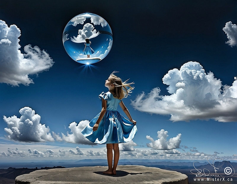A young girl in a shiny blue satin dress is seen looking up at a levitating glass spere in the sky. She is seen with her back toward us and is surrounded by a sky of clouds that go off down to the horizon.