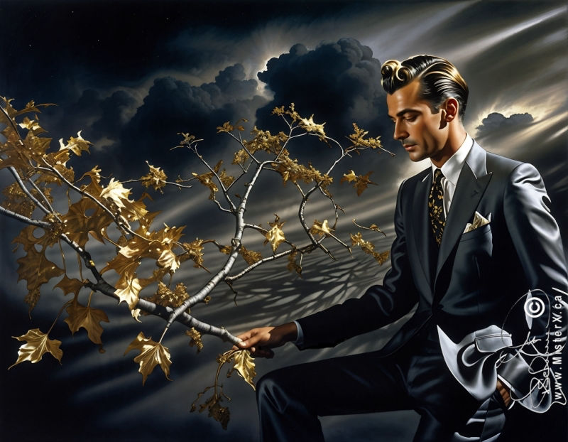 A handsome man in a shiny black suit is seen against a dark and cloudy background. He is hold a tree branch that is covered in shiny golden leaves.