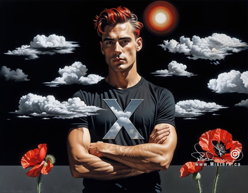 A handsome young red haired man is seen wearing a black tee-shirt with a large letter "X" logo on it. A sun is seen shining against a black sky with occasional clouds, and 3 large red asian poppies can be seen along the side of him,