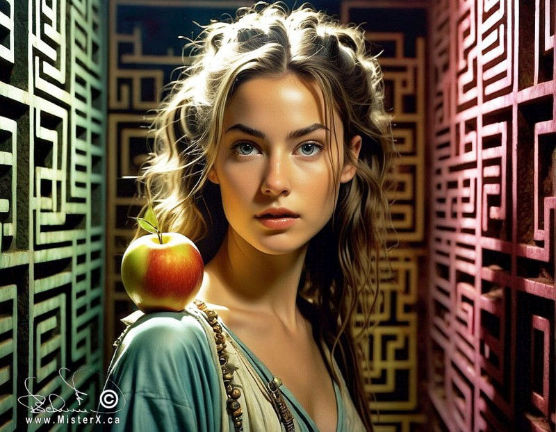 A beautiful young woman with blonde hair and blue eyes is standing in a labyrinth. She has an apple on her shoulder and the walls have squared-off maze-like designs on them.