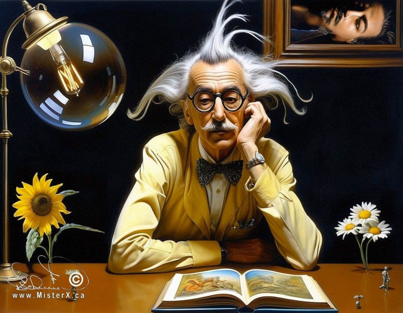 Surreal image of an older man with wild grey hairdo sitting at a table and looking at a book. A black background hosts flowers and a giant lightbulb, and a framed picture of a horizontally placed man's face portrait.