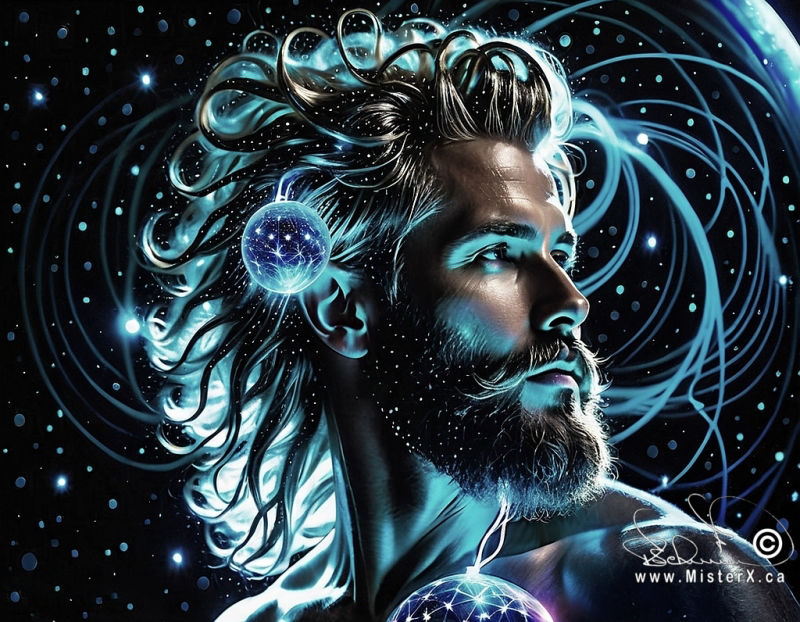 A Jesus-like figure is seen amongst a star filled spacey background. He is backlit and has many small stars entwined amongt his hair and beard.