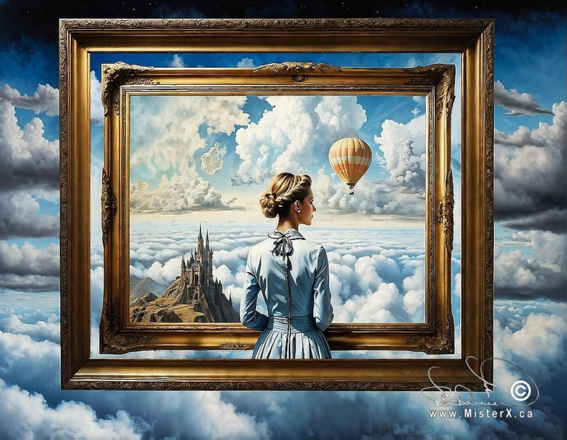 A blue cloudy sky dominates this image. Centered in the middle is a picture frame and inside that frame is a woman in a blue dress, back turned towards the viewer, and she is looking at another picture frame which shows more clouds and a castle in the distance and a hot air balloon in the sky.
