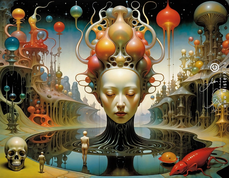 An image of a centered large female head emerging from a pool of water that dominates the picture and is the main theme. On each side of her head is an abstract landscape and behind her is a changing gradient sky. Small human figues can be seen in and near the pond, and a human skull sits in the lower left corner and a red shrimp-like creature in the lower right.