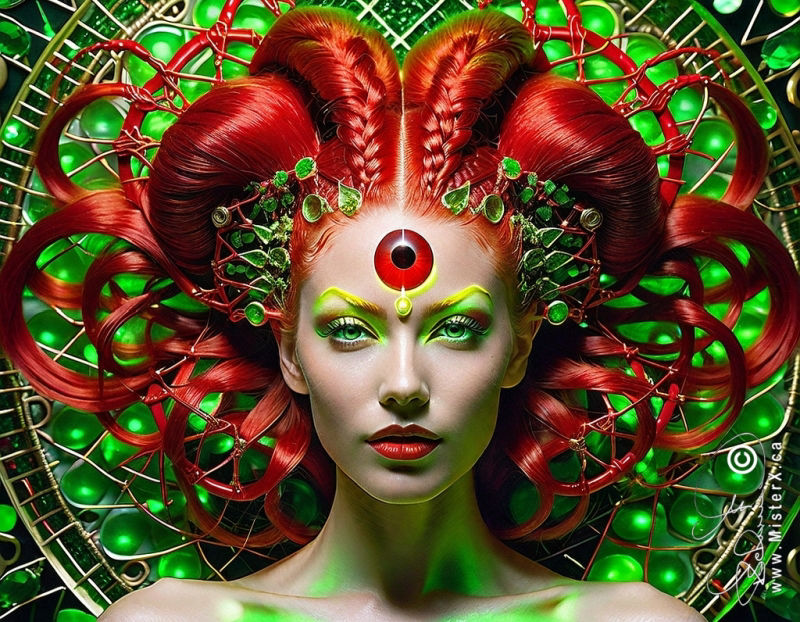Beautiful woman with very large red hairdo consisting of curls and braids is seen in front of an emerald green background. She has a red 'third eye' in the middle of her forehead.