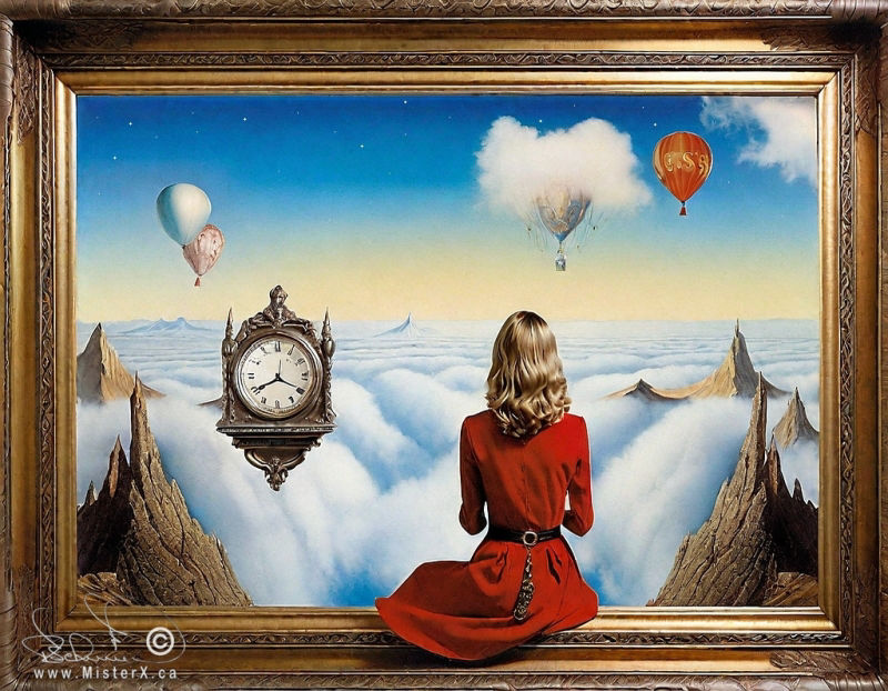 A woman in a red dress sits within a picture frame, her dress coming out of it. Her back is facing the viewer and she looks out onto a vast landscape made of clouds as far as the eye can see. Mountain tops peak out of the clouds and there are hot air balloons and a clock floating in the sky.