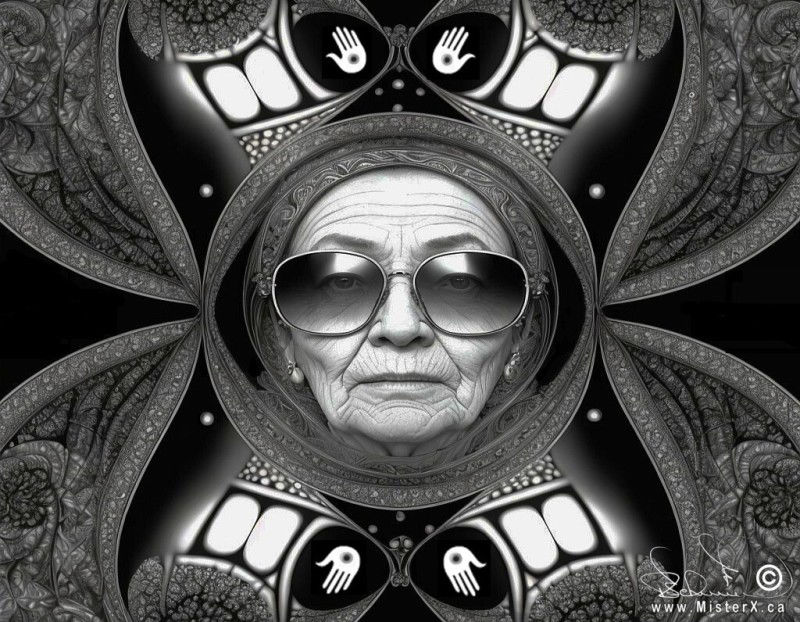 Black and white image portrays an old womans face wearing glasses in the center. It is surrounded by fractal-like grey patterns and Native American symbols.