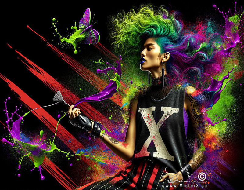 Black background and neon colours of a woman with green hair and punk-rock clothing holding a paint brush. There are paint slashes in mid air and her shirt has a large letter "X" on it.