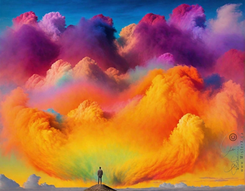 The picture consists of mostly huge, multi-coloured clouds. A small figure of a man standing on a hill can be seen near the lower center area, his back is turned towards the viewer as he gazes at the huge sky in front of him.