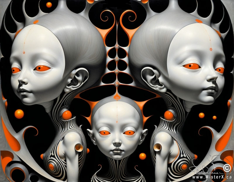 A nearly identical mirrored image on the left and right. In the lower center of the image is a yong girl's face, and on each side is her sisters, one looking at the viewer, the other looking off to the side. Black and greay and orange colors only.