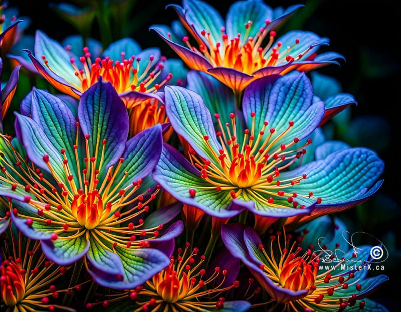 Vividly coloured flowers in bright hues of blues, purples, reds, and yellows are seen against a black background.
