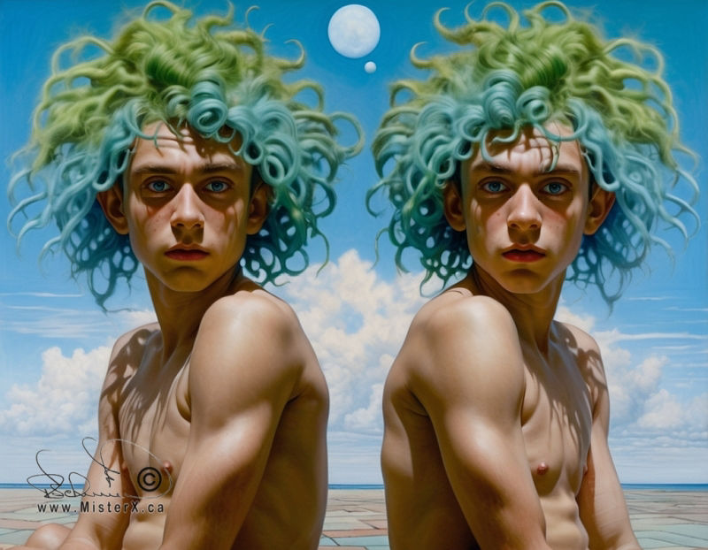 Two near identical shirtless young men are back to back and are seen looking at the viewer. They have large curly blue and green hairdos.