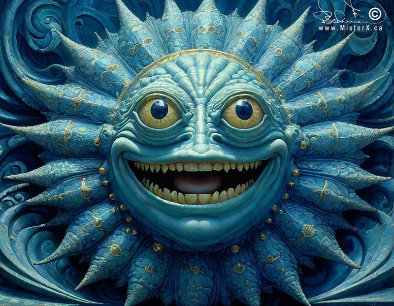A 'blue moon' with bizarre 3-D facial features has a huge toothy grin and blue spikey 3-D moonbeams all around it.