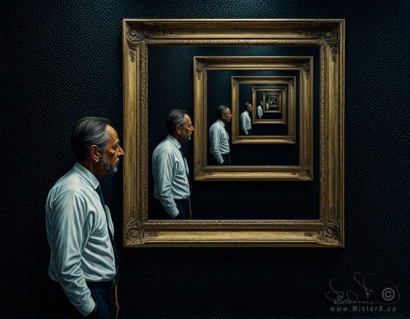 A man in a dress shirt and tie looks into a picture frame that shows a picture of him looking into a picture frame. Each picture in each frame repeats the smae picture into infinity.