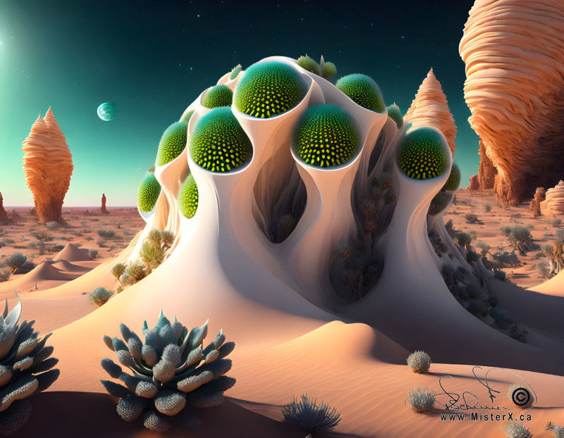 An alien desert landscape with a strange sandy structure center stage with green geometric flowers coming out of the top of it.