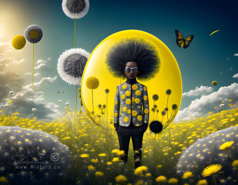 A well dressed man with huge hair stands in front of a golden orb shape. The man and orb are in a fantasy landscape with many yellow flowers and a changing gradient sky.
