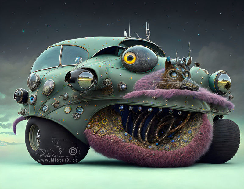 A strange fusion of Automobile and creature has a small rat-like tail, A large eye, and a mouth surrounded by fur on a car body in green tones.