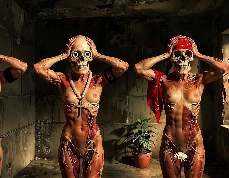 Two naked women missing some skin hold their hands against their skulls in a concrete room.