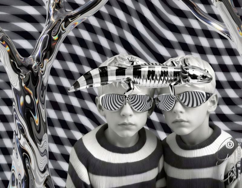 Twin boys in striped sweaters are wearing sunglasses with psychedelic designs reflected in their lenses. A bizarre psychedelic black and white background and reflective trees are seen, and an Axolotl walks across their foreheads.