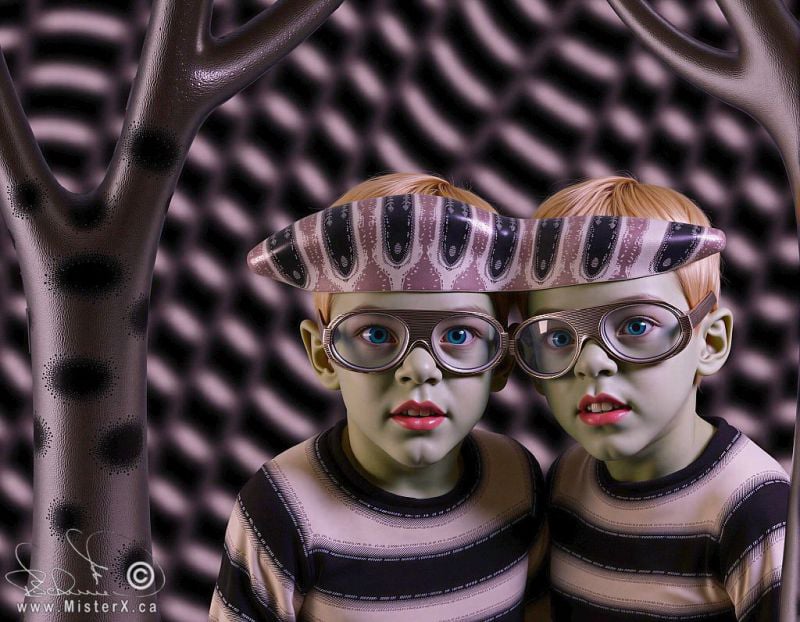 Twin boys in striped sweaters are wearing bizarre glasses. A bizarre psychedelic black and white background and spotted trees are seen, and a leech slithers across their foreheads.