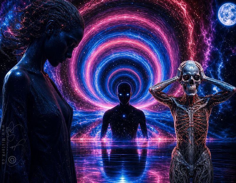 This surreal digital painting depicts three distinct entities situated in a cosmic seascape set against a swirling psychedelic portal of pink, purple, and blue energy. In the foreground on the left, a dark-skinned female figure is seen in profile with her eyes closed in contemplation, while on the right, an anatomical skeleton figure covers its ears in distress under a glowing blue full moon. In the center distance, a star-filled silhouette with glowing blue eyes emerges from the reflective water, anchoring a powerful composition that explores themes of consciousness, mortality, and the infinite universe.