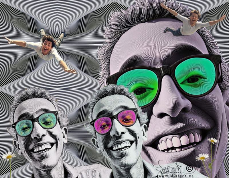 This vibrant, optical-art digital illustration features multiple iterations of a smiling man set against a dizzying backdrop of black and white geometric lines. On the right, a large, stylized close-up portrait of the man dominates the frame, rendered with fine, wavy contour lines, sporting green-tinted sunglasses and a wide grin that reveals a full row of teeth. In the lower left, two smaller, black-and-white versions of the same face smile cheerfully, one wearing green lenses and the other wearing pink-orange lenses, with tiny daisies peeking out from the bottom.