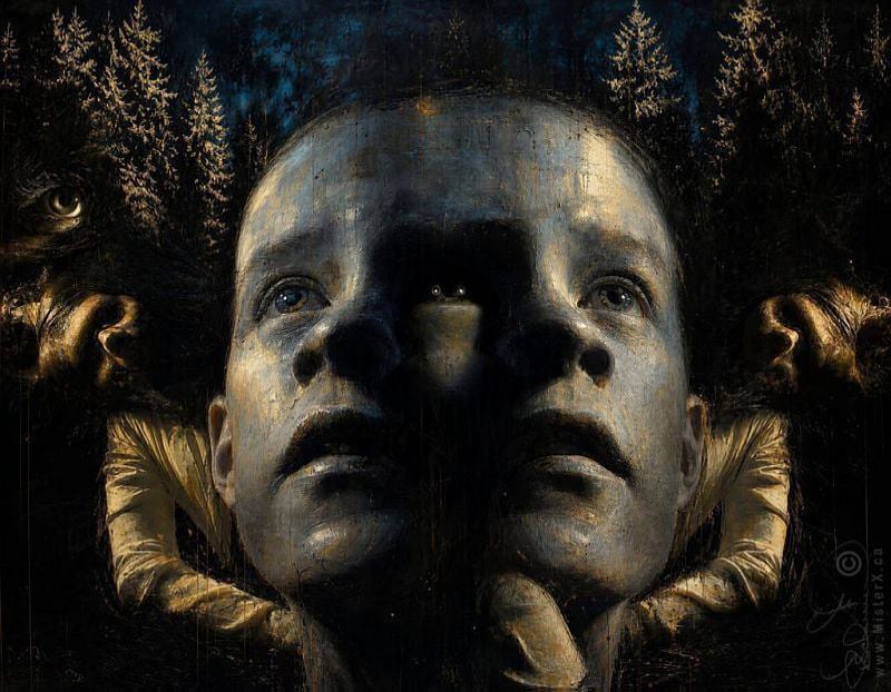 This dark, surreal oil painting depicts a split-faced human figure looking upward against a nighttime forest backdrop. The central face is double-imaged, blending two distinct noses and pairs of eyes around a shared, shadowed center where an additional small, glowing pair of eyes peers out.