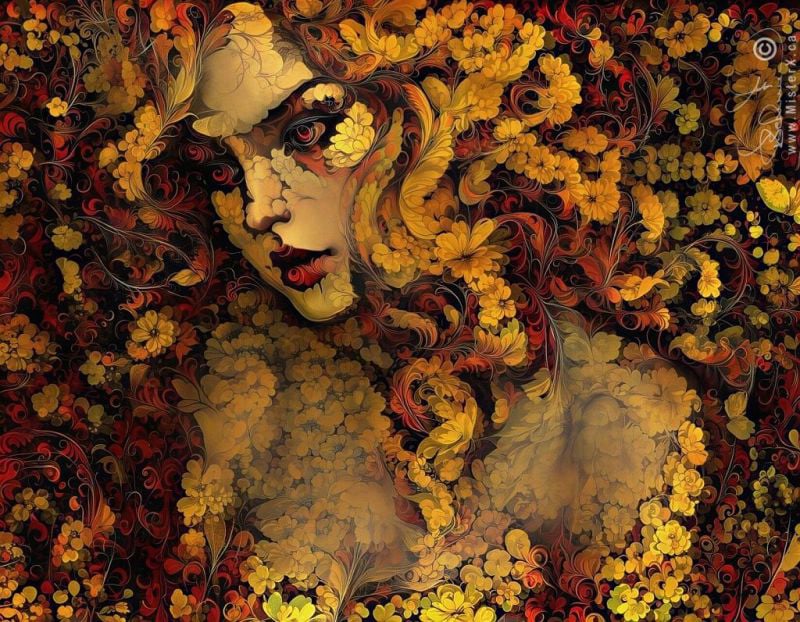 This intricate digital artwork depicts the stylized visage of a woman seamlessly melting into a dense, ornate tapestry of golden-yellow flowers and amber-toned foliage. Her face, rendered with dramatic shadows, deep red lips, and a piercing gaze, is partially fragmented and enveloped by swirling botanical patterns and complex filigree.