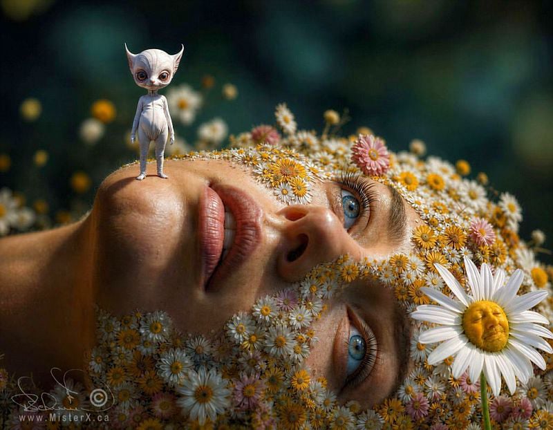This surreal digital artwork depicts a close-up, upside-down view of a woman's face mostly covered by a dense blanket of blooming chamomile flowers. Her bright blue eyes look upward as a small, pale creature with large ears and a cat-like face stands on her chin, gazing forward in a white bodysuit. Another surreal detail appears near the bottom right, where a large daisy features a tiny, peaceful human face at its center. The scene is highly detailed, blending realistic textures of skin and petals with mythical, fantasy elements under soft, natural lighting.