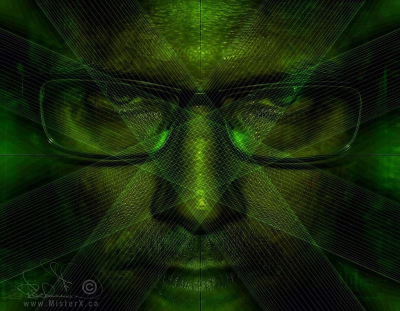 This dark, matrix-inspired digital portrait features a close-up of a man's face shrouded in monochromatic shades of deep green and black. He wears rectangular-framed glasses, behind which his eyes look directly forward through an intricate overlay of intersecting lines. A complex, symmetric geometric pattern of thin green laser-like lines forms a prominent "X" shape across the center of his face, creating a wireframe mesh that highlights the bridge of his nose and cheekbones. The background is textured and shadowy, giving the piece a gritty, technological, or cybernetic atmosphere. In the bottom left corner, the artist's signature and the familiar website watermark "www.MisterX.ca" are subtly embedded in a muted white tone.