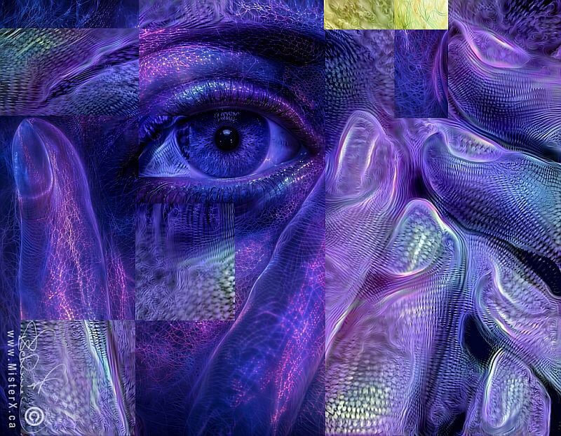 This intricate, surreal digital collage centers on a detailed human eye rendered in deep shades of blue and purple. The composition is built from overlapping rectangular segments and layers filled with dense, glowing organic textures that resemble bio-luminescent networks, nerve pathways, or coral structures. To the left, a hand with long fingers gently frames the eye, illuminated by a web of pink and purple fiber-optic lines. The right side of the image features fluid, undulating folds of tissue or fabric covered in scales and ridges that shimmer with lavender, teal, and gold highlights. A distinct copyright signature and the watermark "www.MisterX.ca" are visible in the lower-left corner.