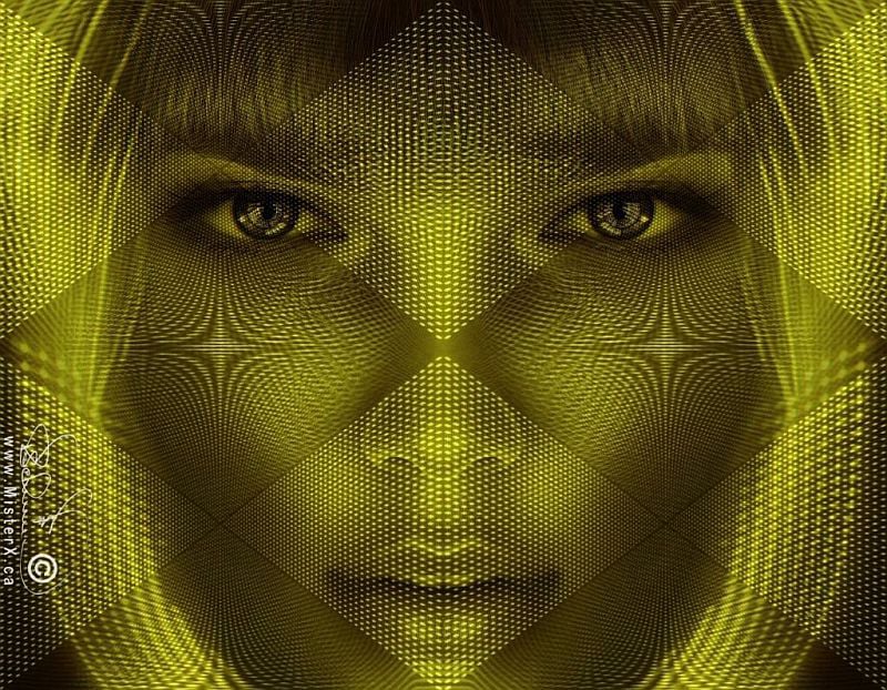 This image features a symmetrical, close-up digital portrait of a person's face rendered in a monochromatic yellow and gold palette. The composition is heavily stylized with a complex geometric overlay composed of fine, intersecting lines and dotted patterns that create diamond-shaped visual textures across the features. The subject's dark, detailed eyes look directly forward, framed by straight hair and bangs that are visible through the pattern. A vertical watermark text "www.MisterX.ca" and a stylized signature are rotated along the bottom-left margin of the image.
