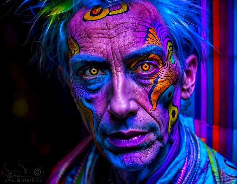 This vibrant digital portrait features a close-up of an elderly man with wide, glowing amber eyes and a highly stylized, colorful face that is heavily wrinkled and covered in elaborate psychedelic patterns. His skin transitions between deep purple on his forehead and upper cheeks to a bright blue around his jaw, adorned with intricate black line work, swirling geometric configurations, and golden-yellow accents that resemble decorative body paint or a digital mask. His wild, messy hair is colored in brilliant shades of electric blue with streaks of neon yellow, and he is wearing patterned, colorful clothing that stands out against a dimly lit background featuring soft vertical stripes of purple, orange, and blue.