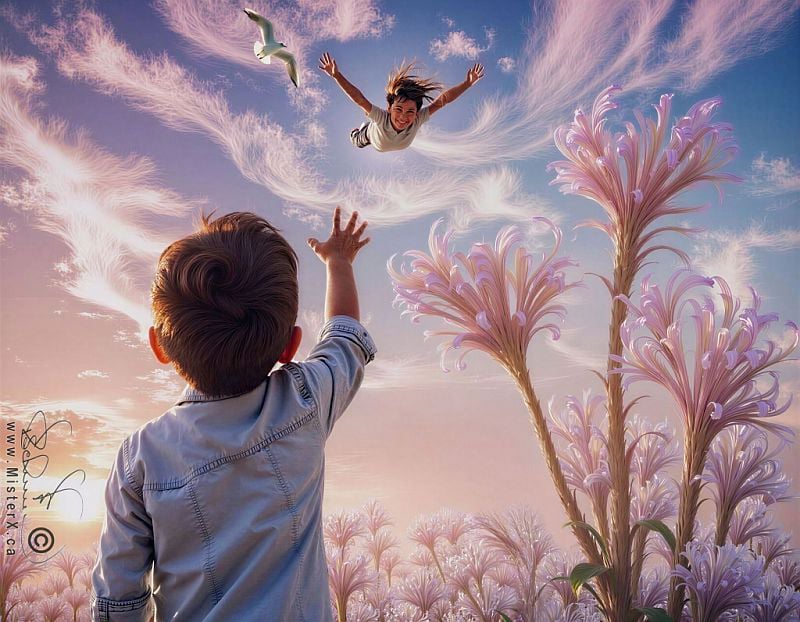 A little boy in a denim shirt reaches up towards the sky where his friend is flying with arms outstretched beside a sea gull. Realistic fantasy image.