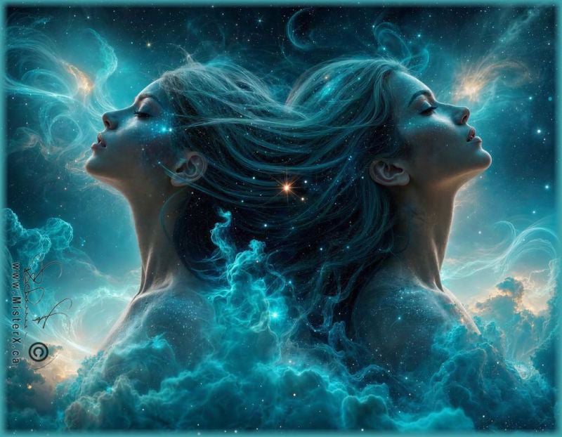 Two women, back to back, can be seen emerging from nebula-like clouds in a galactic turquoise setting with stars.