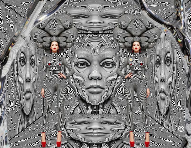 A mostly black and white psychedelic image featuring 2 mirrored women in a box that shows the same face on all sides.