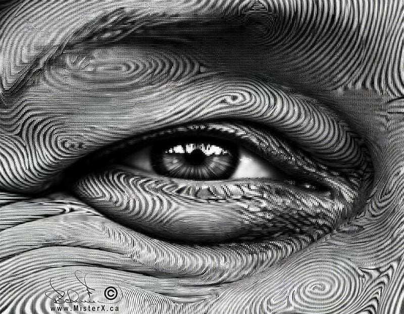 A pixelated b&w image of a slightly stretched eye against the surrounding facial area which is composed of fingerprint-like designs.
