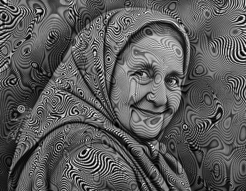 A babushka looks over her shoulder at the viewer. This black and white image is psychedelic in nature and the old woman is composed of black and white evenly spaced lines and swirls.
