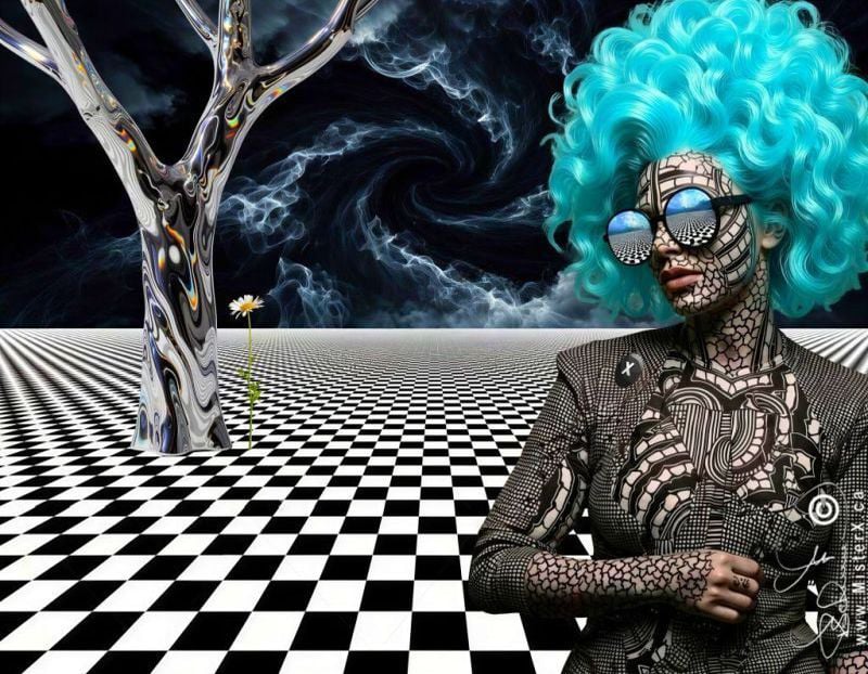 A tattooed woman with huge improbable turquois hairdo and sunglasses is seen again a black and white checkered tiled floor and a dark sky with wispy psychedelic clouds.