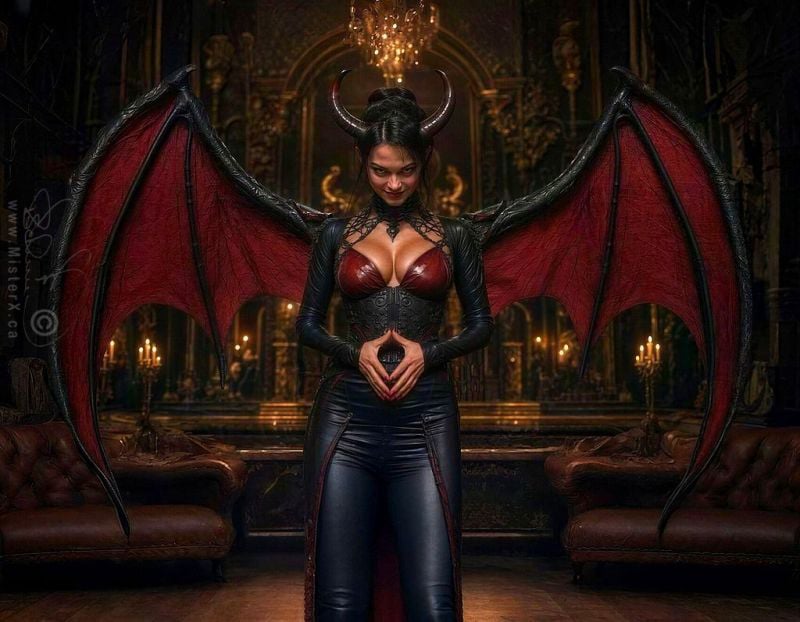 A horned woman dressed in black and red leather has red bat-like wings and is looking at the viewer with a devilish grin.