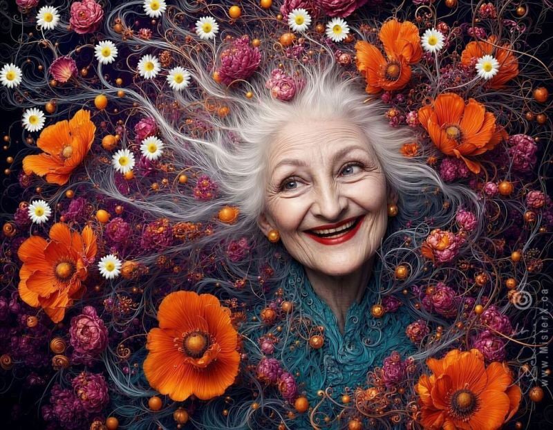 A happy old woman's head can be seen popping up through flowers, her white hair weaves through the flowers and the ends of her hair have white daisy flowers.