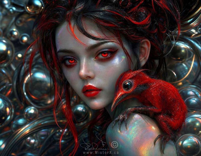 A girl has red eyes and lips and black hair with red highlights. On her shoulder sits a cut creature that appears to be a cross between a bird and a mammal.