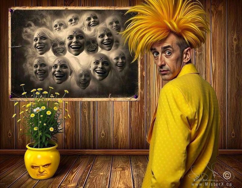 A man with a huge yellow hairdo looks over his shoulder at the viewer and is in a room covered in wood that has a poster hanging on he wall with several heads that have a letter "X" on their foreheads and a potted plant with a grumpy pot!