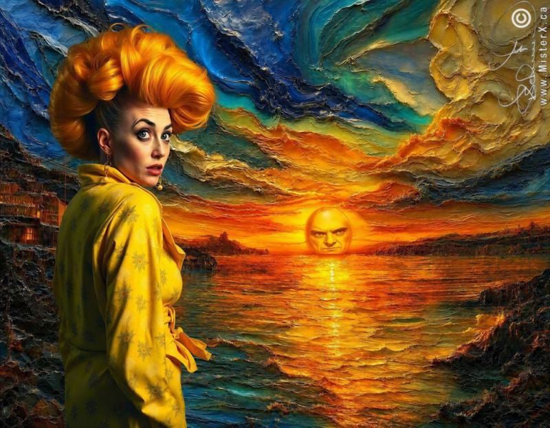 A woman in yellow looks over her shoulder at the viewer and is located in an amazing dimensional painting of a sunset.