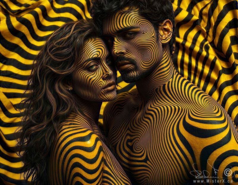 An attractive couple are completely covered in pschedelic yellow and black lines and patterns and are seen in front of flowing yellow and black lined fabric.