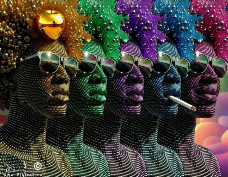 A black man composed of dots and orbs is repeated several times in different colours side by side with slight variations on each of them. 