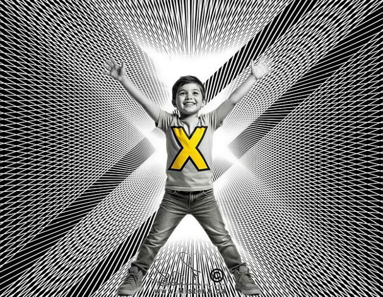a young boy stands in the shape of an "X" with arms up and legs spread wide against a Moiré patterned black and white background. 